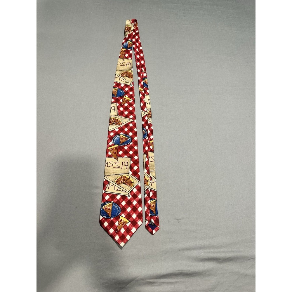 Save The Children Pizza Neck Tie Child Art Red Gingham 100% Silk‎ Made in USA